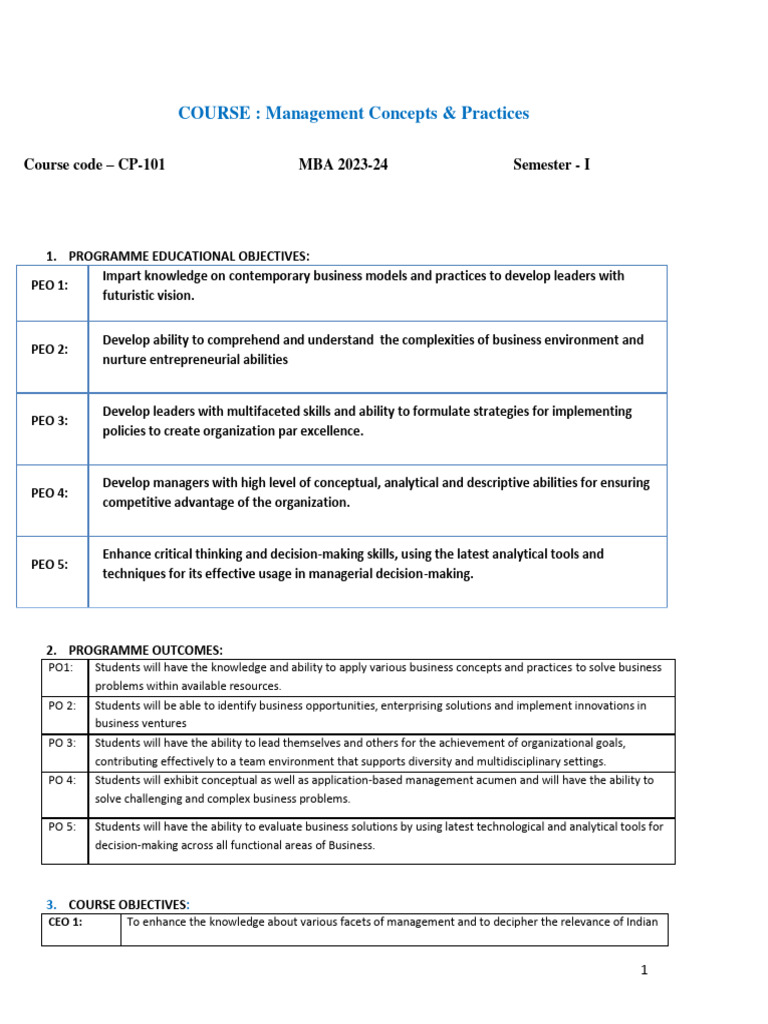 COURSE: Management Concepts & Practices: Course Code - CP-101 MBA 2023 ...