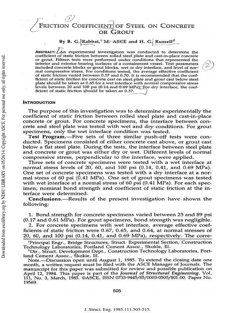 Steel to Concrete Friction Coefficient Study | PDF | Strength Of ...
