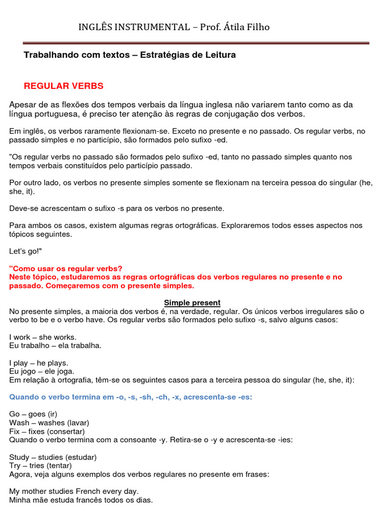 Regras dos Verbos Regulares em Inglês | PDF | Mecânica da linguagem ...