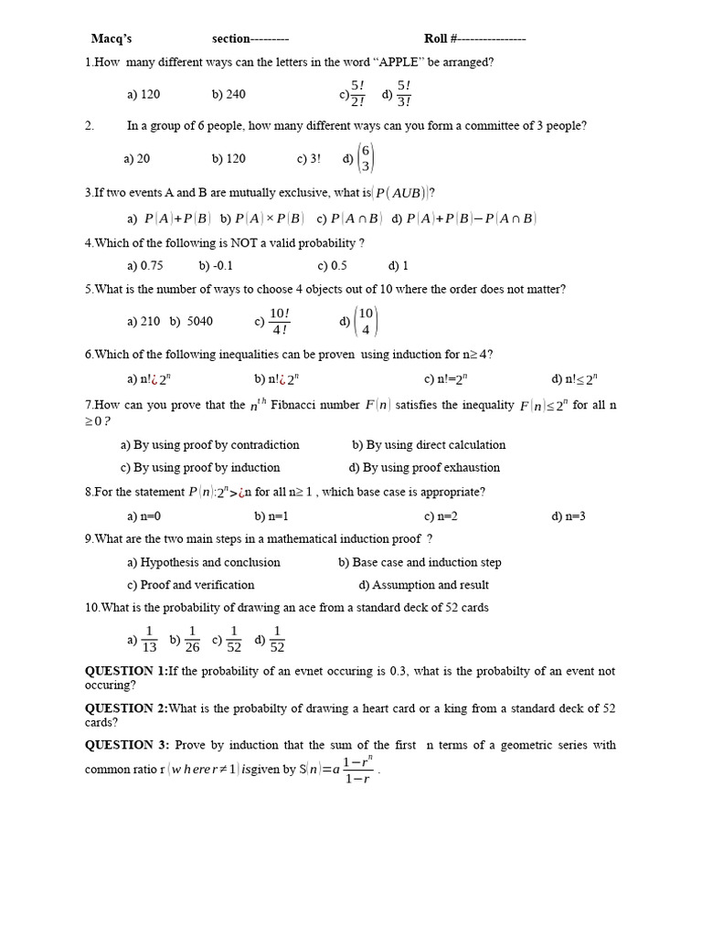 Quiz mcq pdf mathematical proof probability