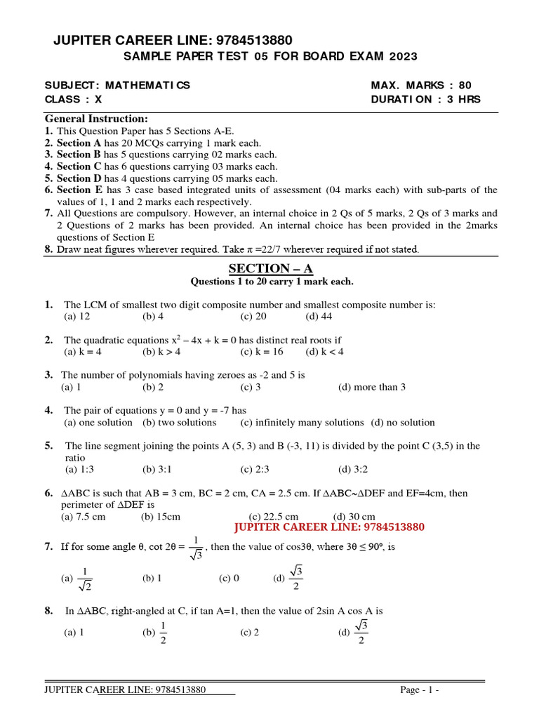 Maths Class X Sample Paper Test 05 For Board Exam 2025 | PDF ...