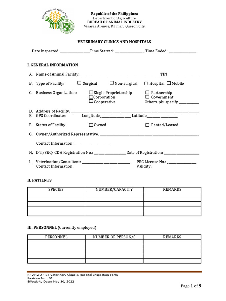 RF Ahwd 64 Veterinary Clinic Hospital Inspection Form | PDF | Surgery ...