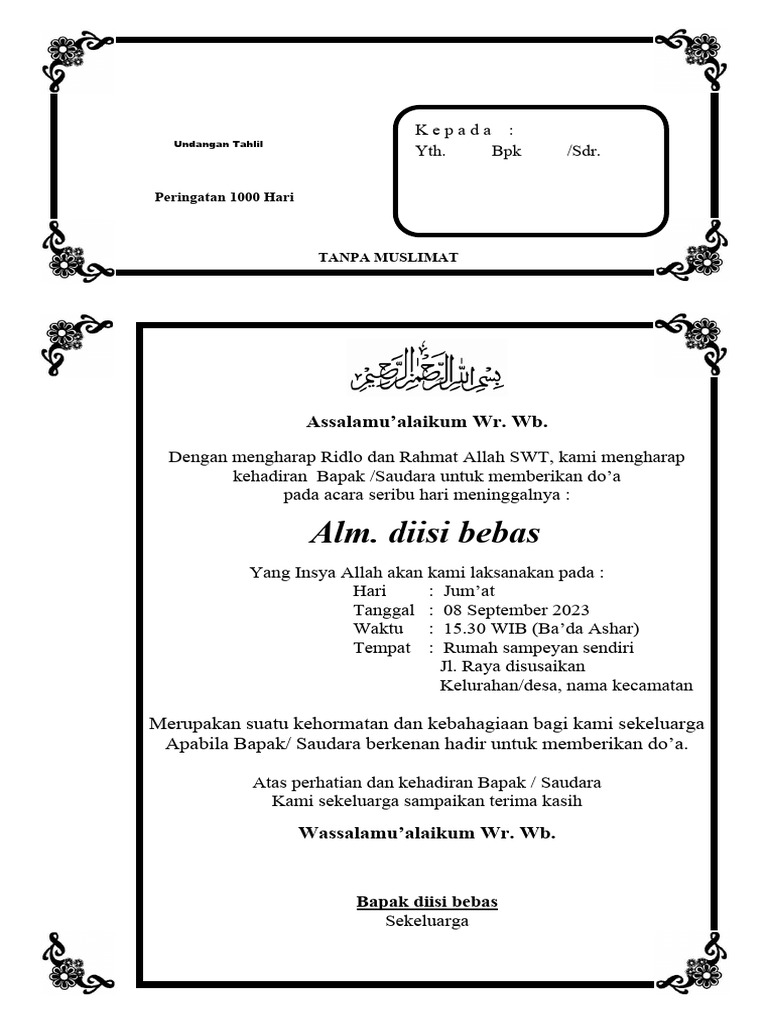 Contoh Undangan Tahlil 1000 Hari | PDF