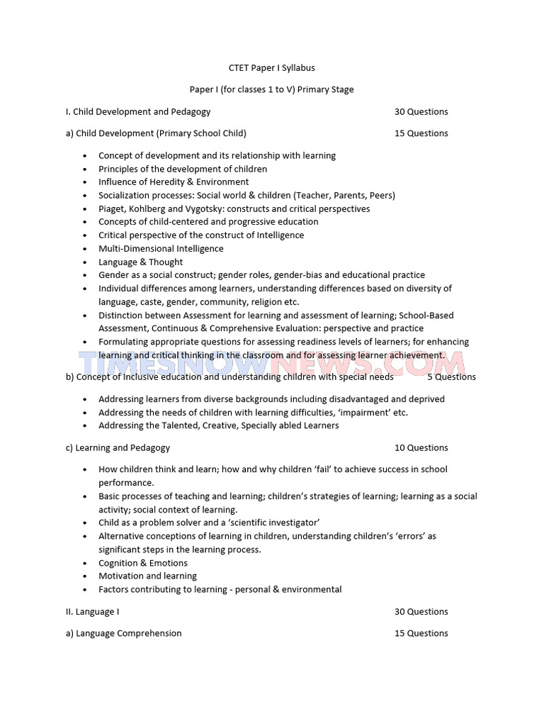Ctet Paper I Syllabus Pdf Reading Comprehension Learning
