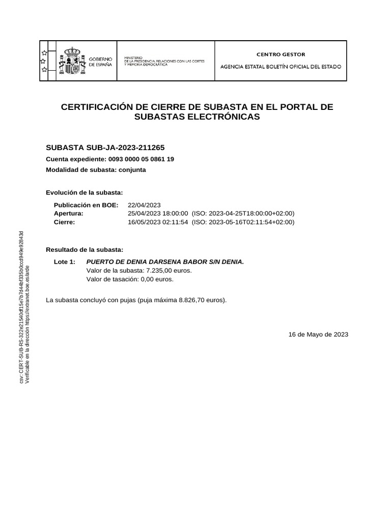 Certificado Cierre SUB JA 2023 211265 | PDF