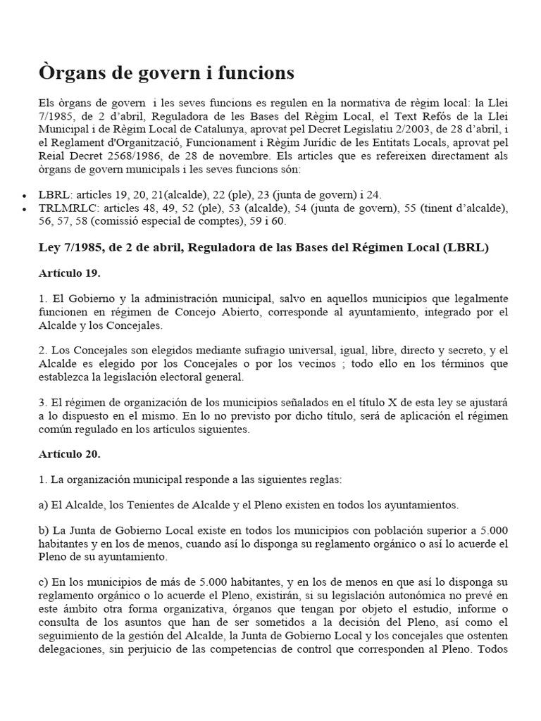 Funciones de los Órganos de Gobierno Local | PDF | Gobierno local | Alcalde
