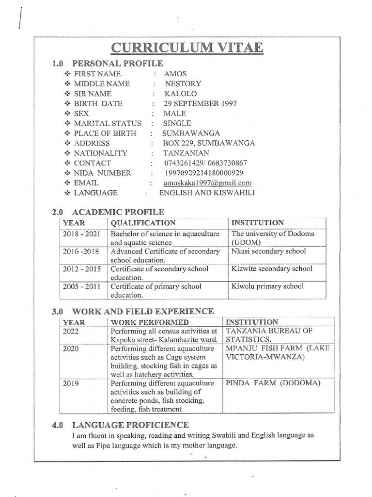 Amoss Kalolo CV | PDF