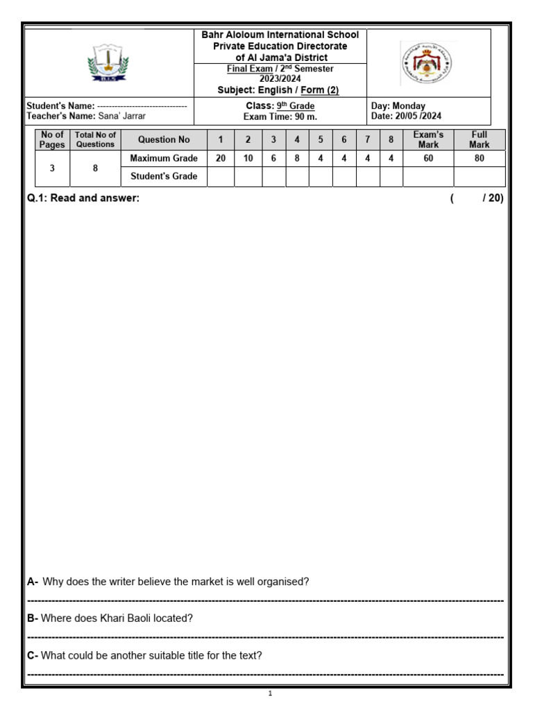 9th Grade English Final Exam 2024 | PDF | English Language | Linguistics