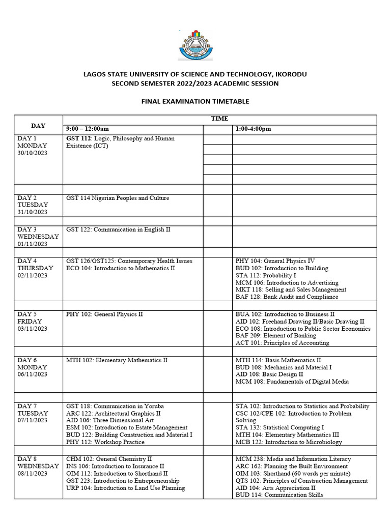 Final 2nd Semester Exam Timetable | PDF | Science