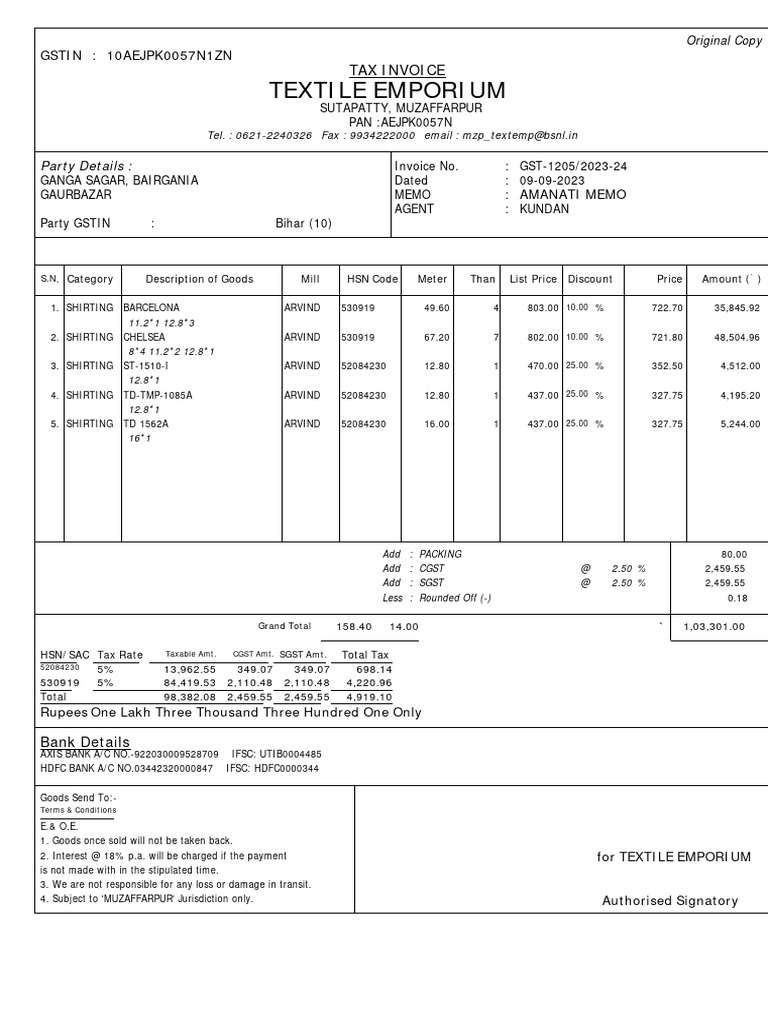 GST Invoice for Textile Emporium | PDF | Economies | Public Finance