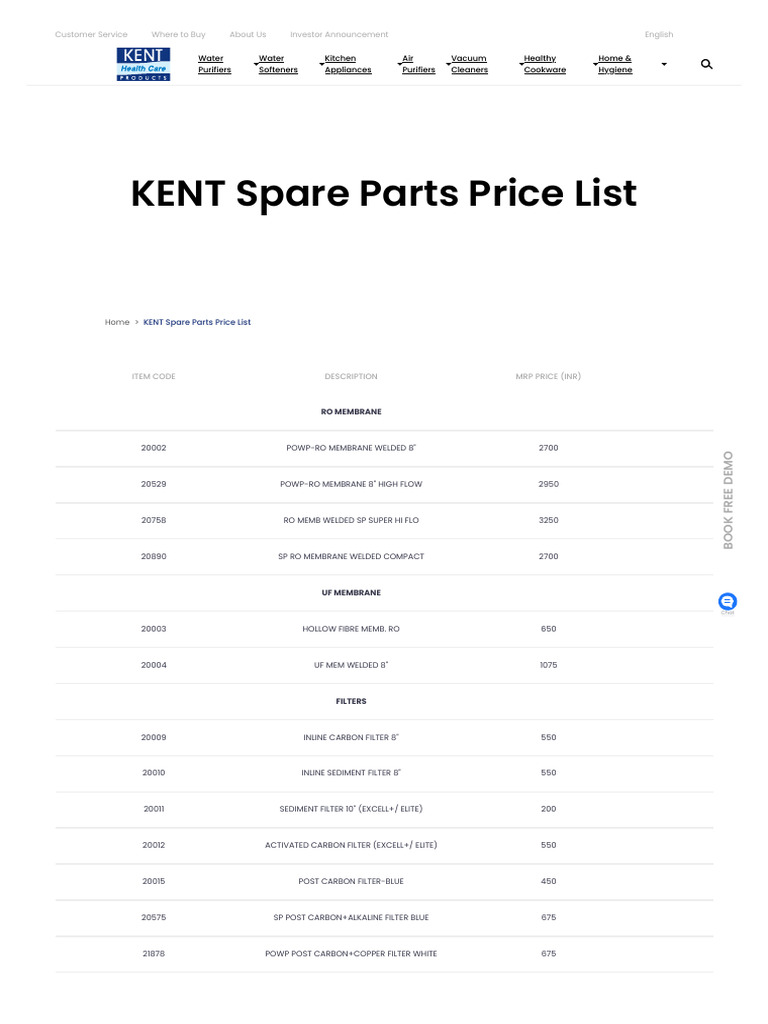 KENT Spare Parts Price List PDF | PDF | Manufactured Goods | Equipment