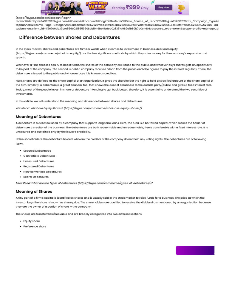 Difference between Shares and Debentures Meaning, definition, example