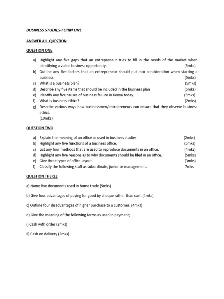 Business studies form 1 assignment april 2021 teacher co ke pdf