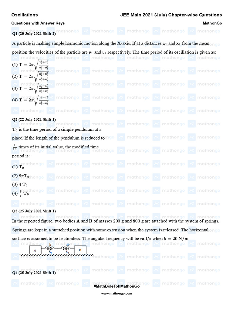 JEE Main 2021 Oscillations Questions | PDF | Oscillation | Physical ...