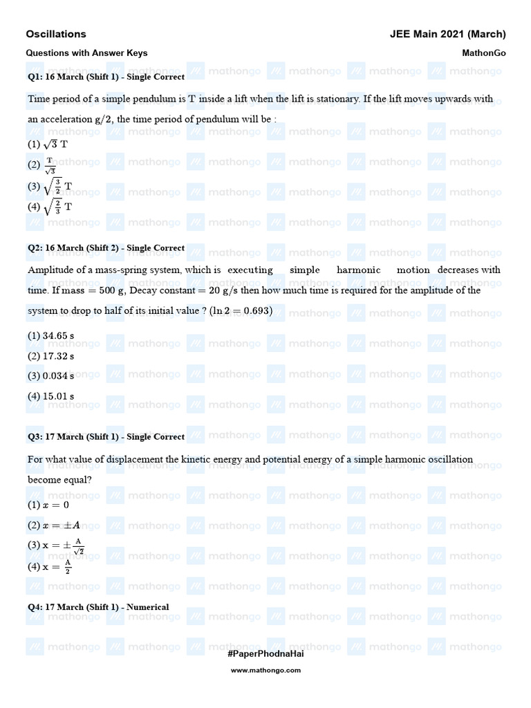 Mathongo Question Oscillations Jee Main 2021 March Chapterwise ...