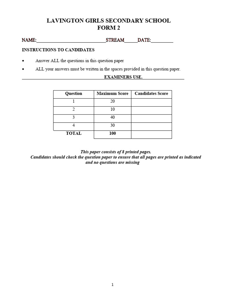 Form 1 English Assignment April 2024 Assignments Form 1 English