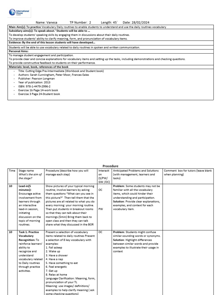 Vocabulary Lesson Plan 2 | PDF | Vocabulary | Word
