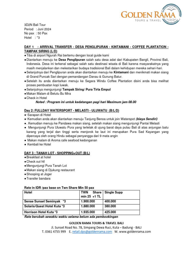 3D2N Bali Tour Program Juni 2024 | PDF