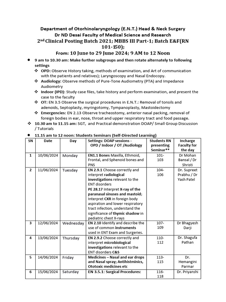ENT Clinical Posting Schedule | PDF | Otorhinolaryngology | Human Nose