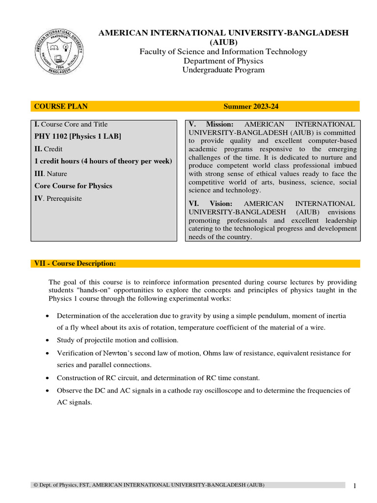 PHY 1102 Physics 1 Lab Course Plan | PDF | Rubric (Academic) | Physics
