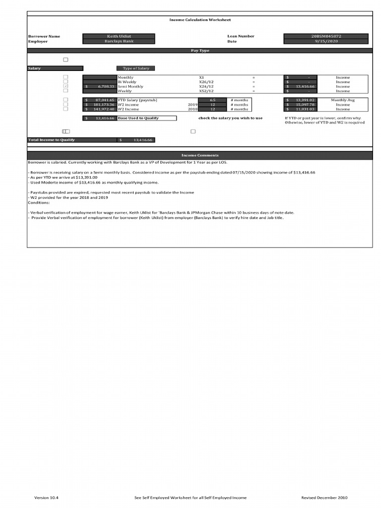 Income Calculation Worksheet Borrower PDF