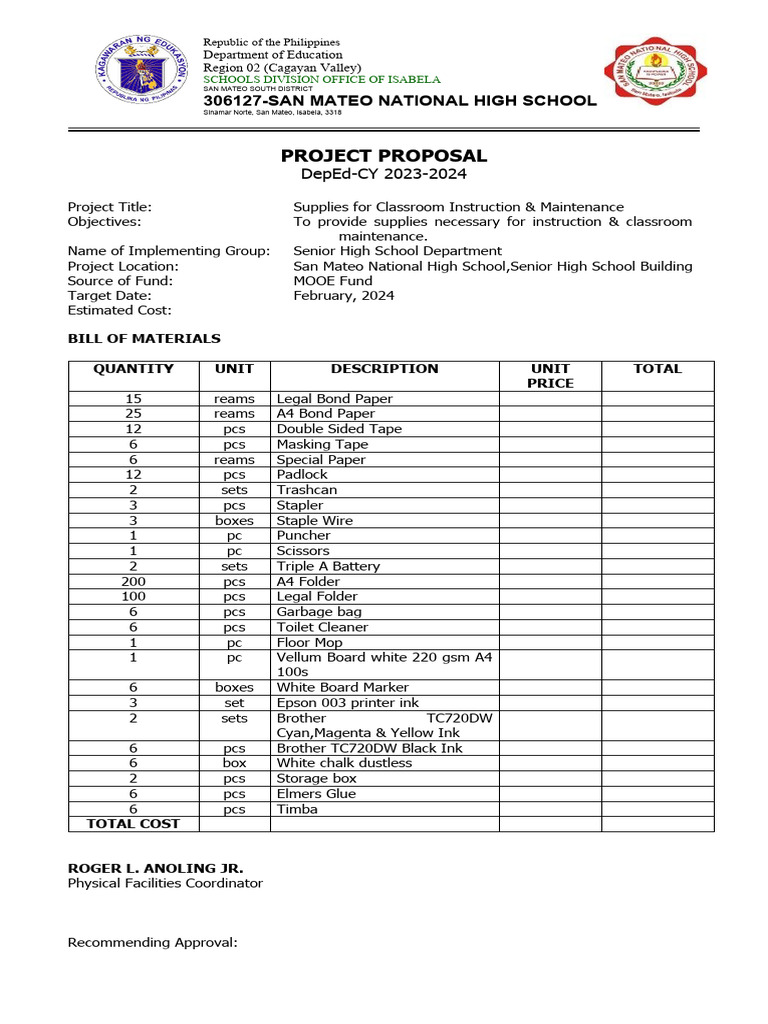 Project Proposal Supplies For February | PDF | Personal Computers ...