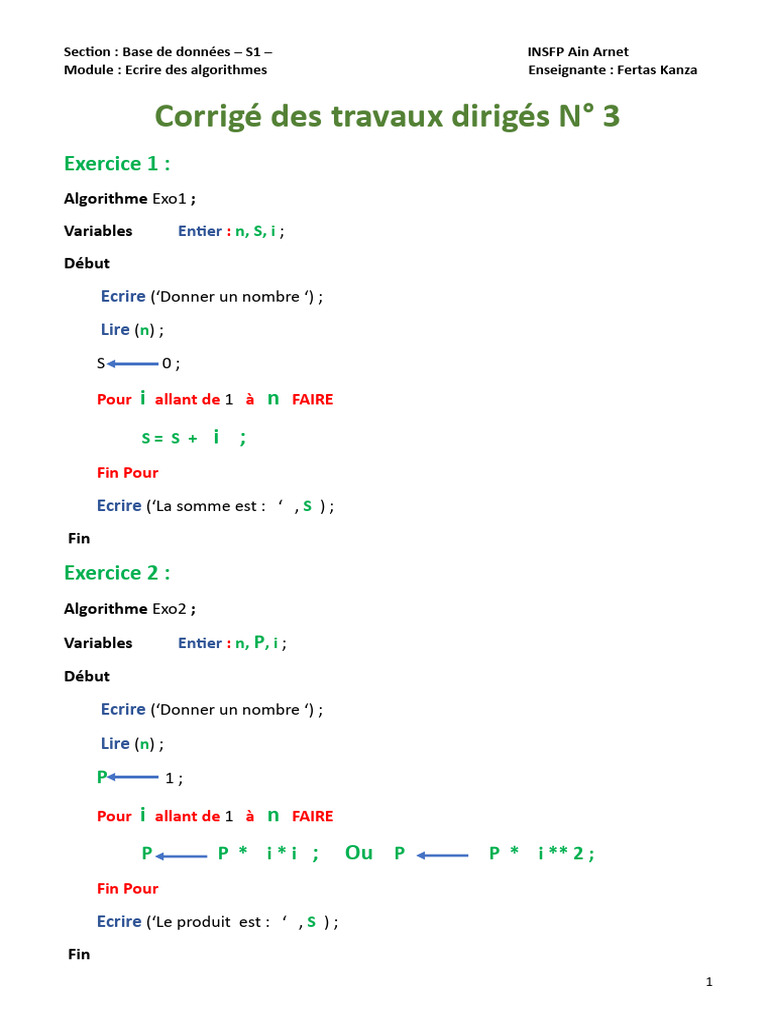 Corrigé d'algorithmes S1 INSFP Ain Arnet | PDF | Sciences et ...