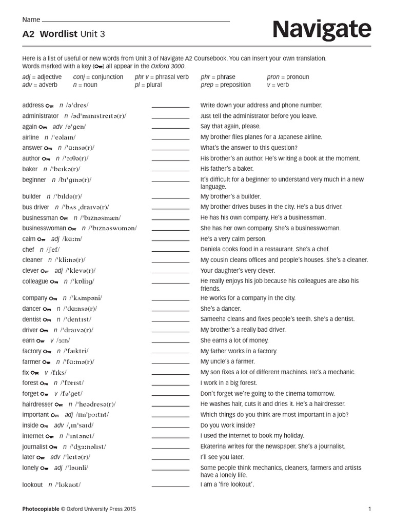 A2 Wordlist Unit 3 Vocabulary Guide | PDF | Verb | Syntactic Relationships