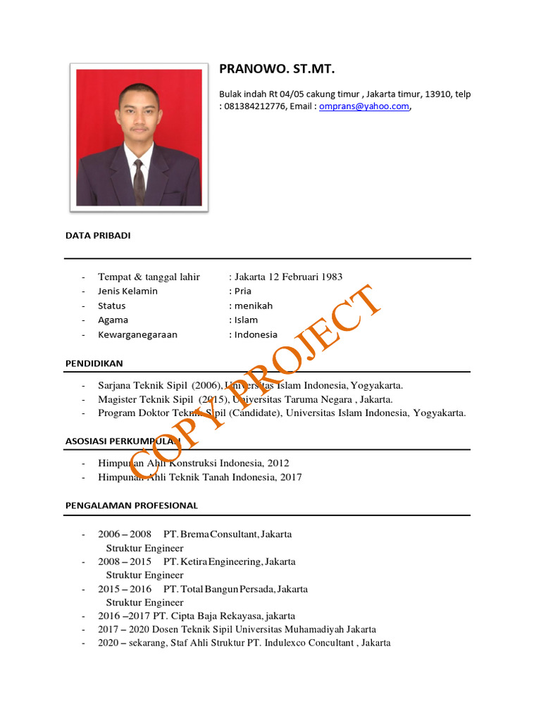 Profil dan Pengalaman Pranowo, Ahli Teknik Sipil | PDF