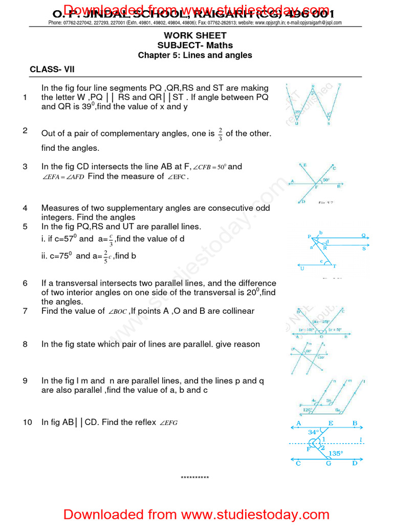 Maths Worksheet: Lines and Angles Class VII | PDF | Elementary Geometry ...
