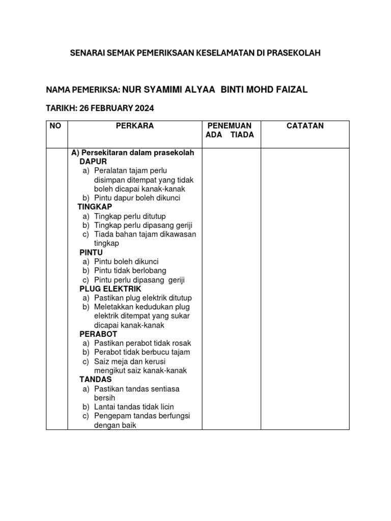 Senarai Semak Pemeriksaan Keselamatan | PDF