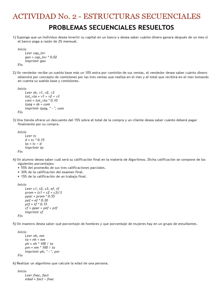Aprendizaje de Algoritmos - ESTRUCTURAS SECUENCIALES | PDF