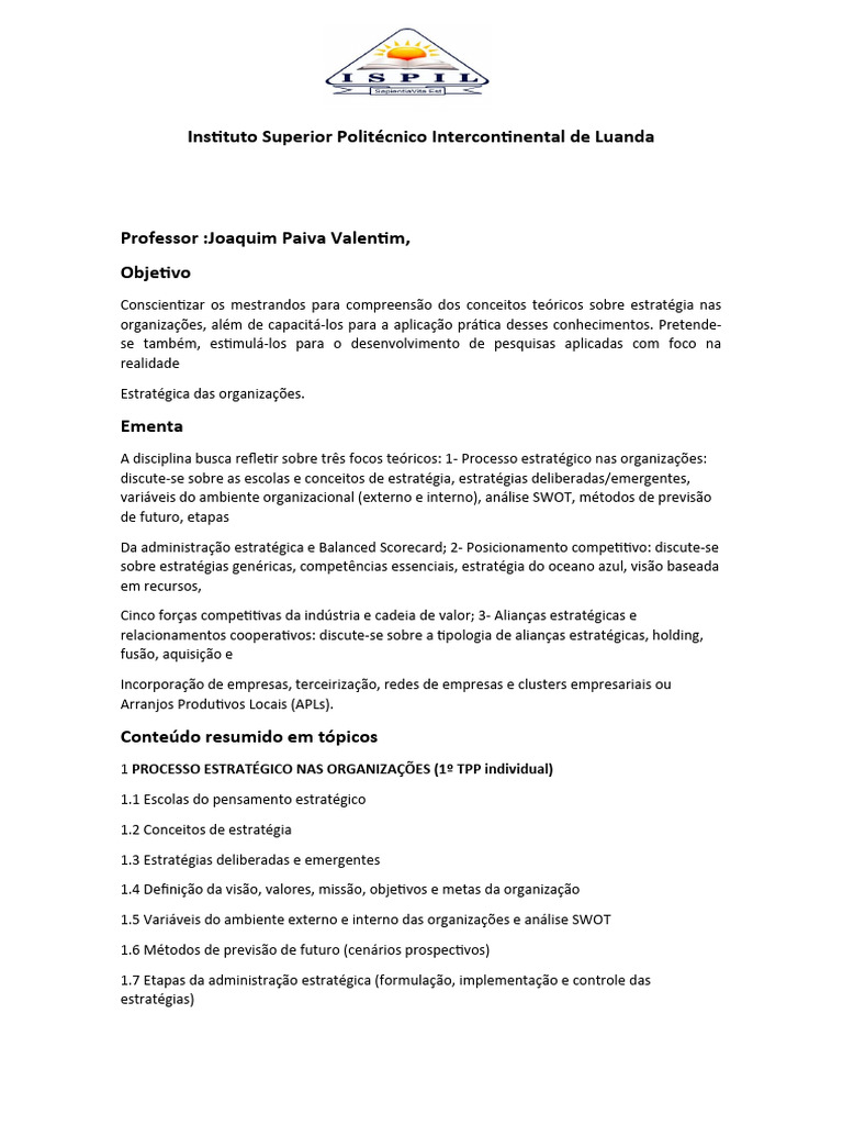 Estratégia Organizacional no ISPIL | PDF | Gestão estratégica | Análise ...