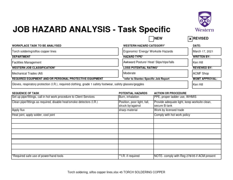 Torch Soldering Job Hazard Analysis | PDF | Personal Protective ...