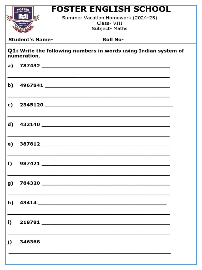 Maths VIII Holiday Homework | PDF | Mathematical Notation | Elementary ...