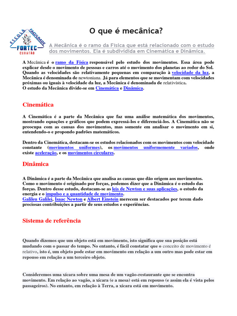 O Que É Mecânica Aulas 1 e 2. | PDF | Força | Leis do Movimento de Newton