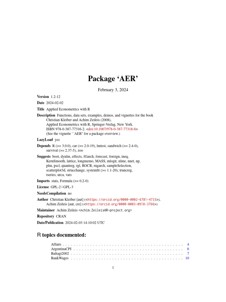 Package AER': R Topics Documented | PDF | Data | Infidelity