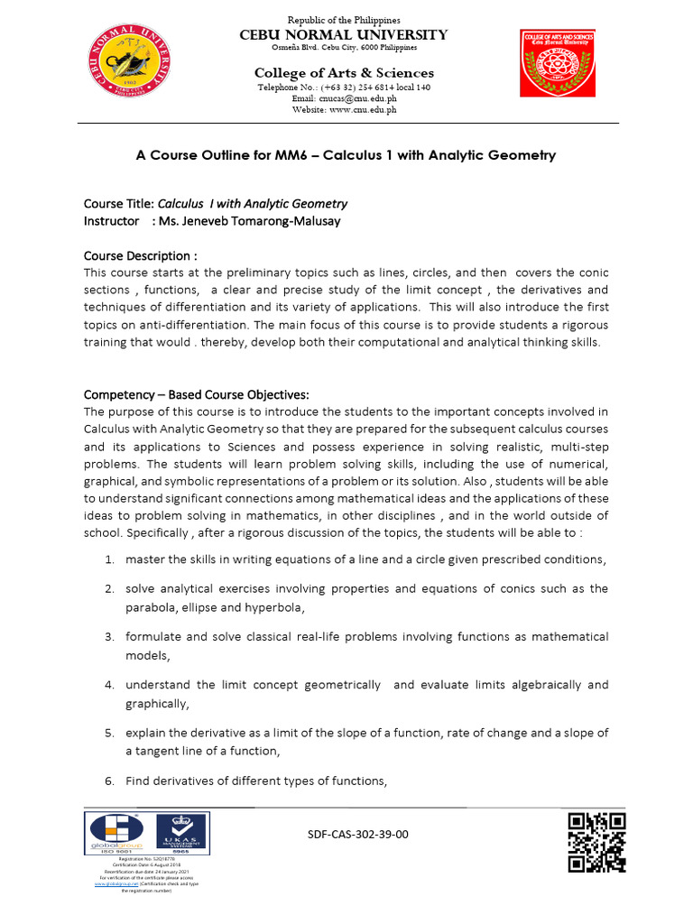 Course Outline: Calculus I with Analytic Geometry | PDF | Function ...