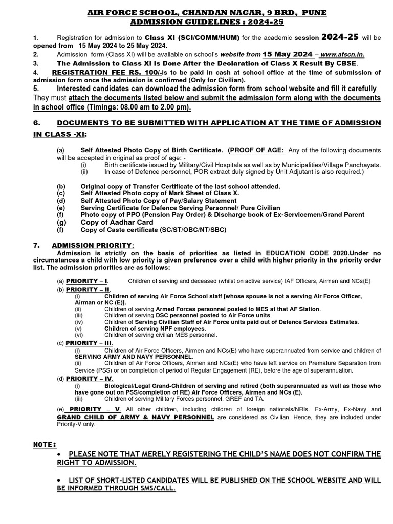 Admission Guidelines 2024 25 - Compressed | PDF | Airman | Birth ...