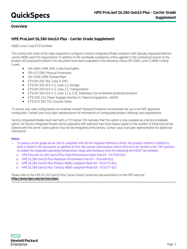 HPE ProLiant DL380 Gen10 Plus - Carrier Grade Supplement-A50004314enw ...