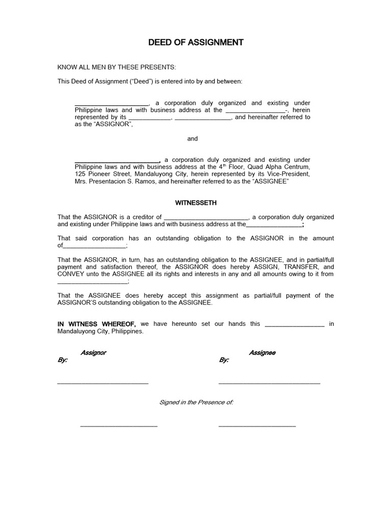 Deed of assignment of debt pdf assignment law private law