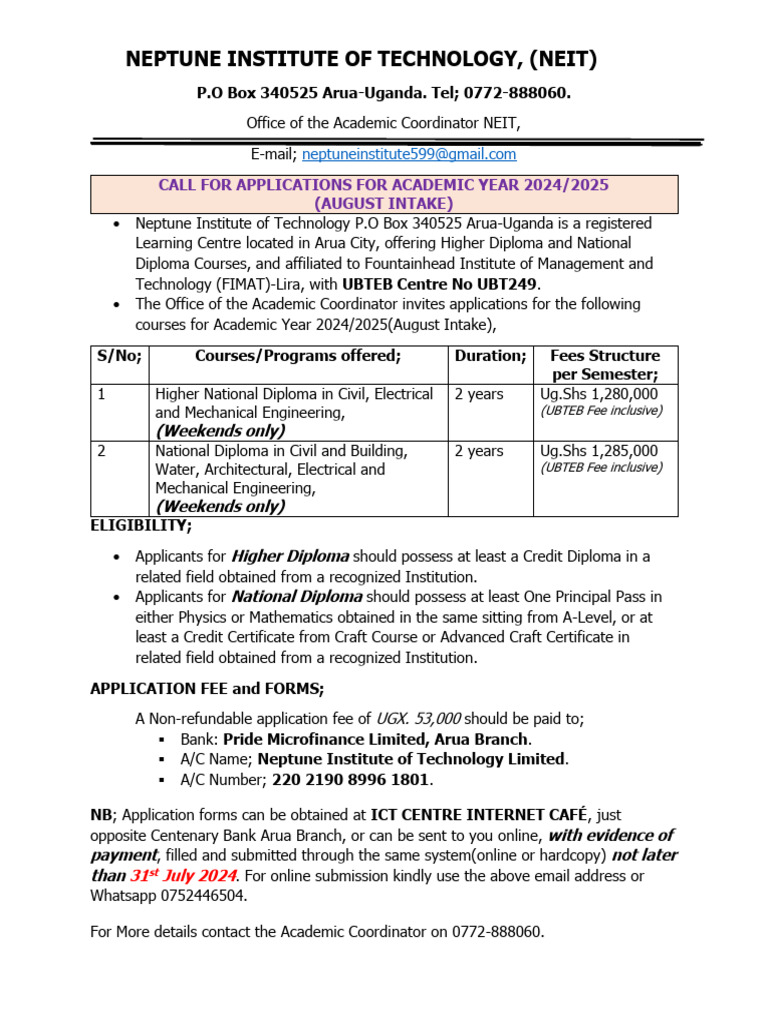 Call For Applications For August 2024-2025 Academic Year. | PDF ...
