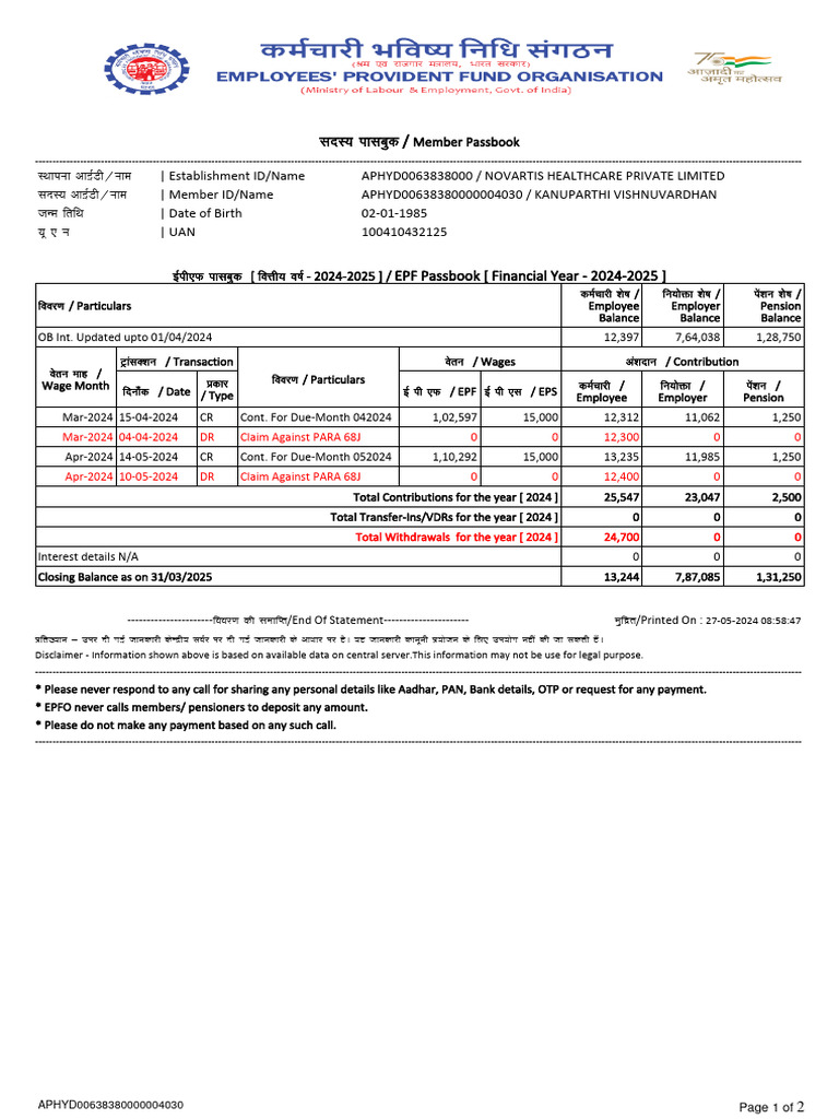 EPF Passbook Summary 2024-2025 | PDF | Factor Income Distribution ...