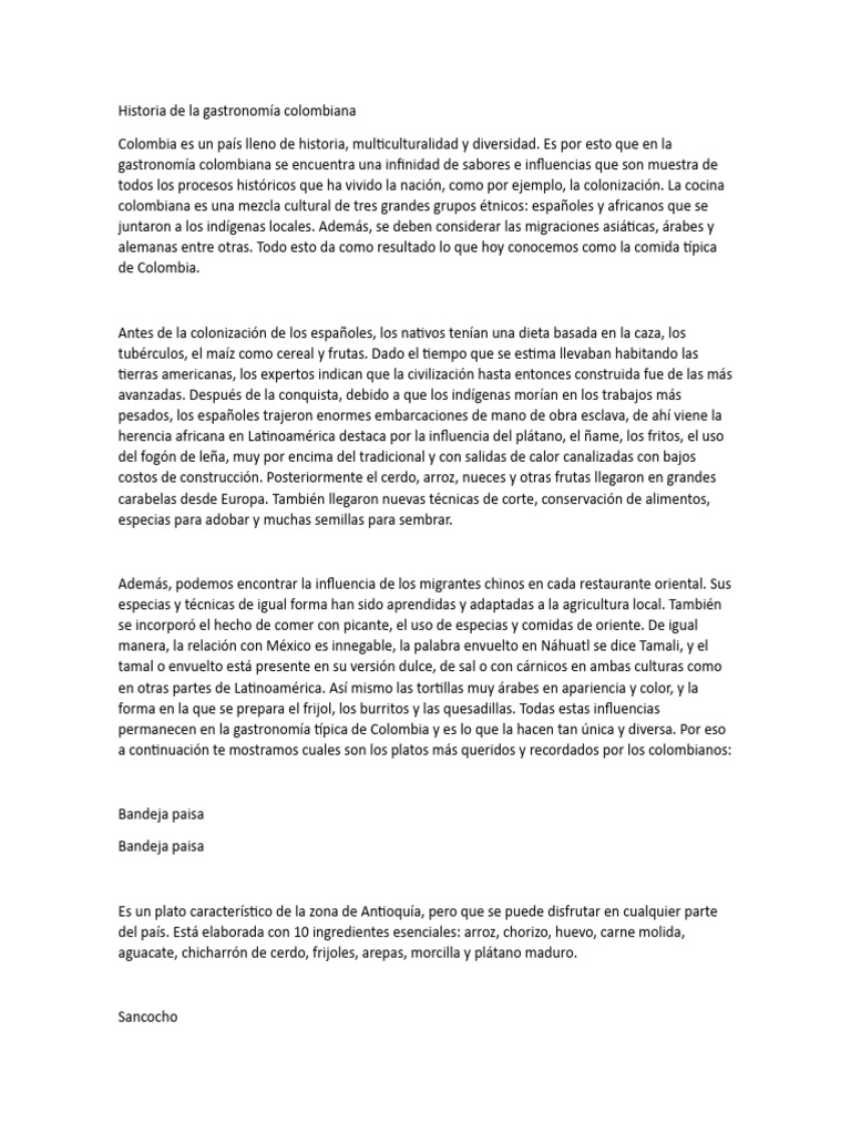 Historia de La Gastronomía Colombiana | PDF | Alimentos | Cocina