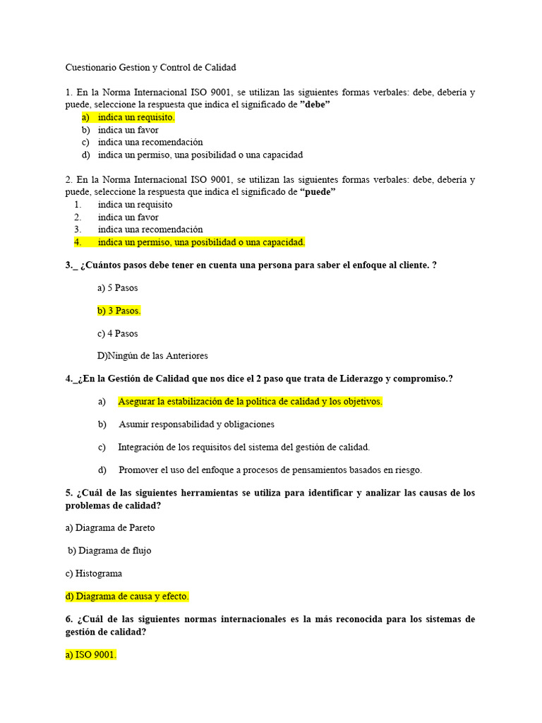 Cuestionario Gestion y Control de Calidad | PDF | Gestión de la calidad ...