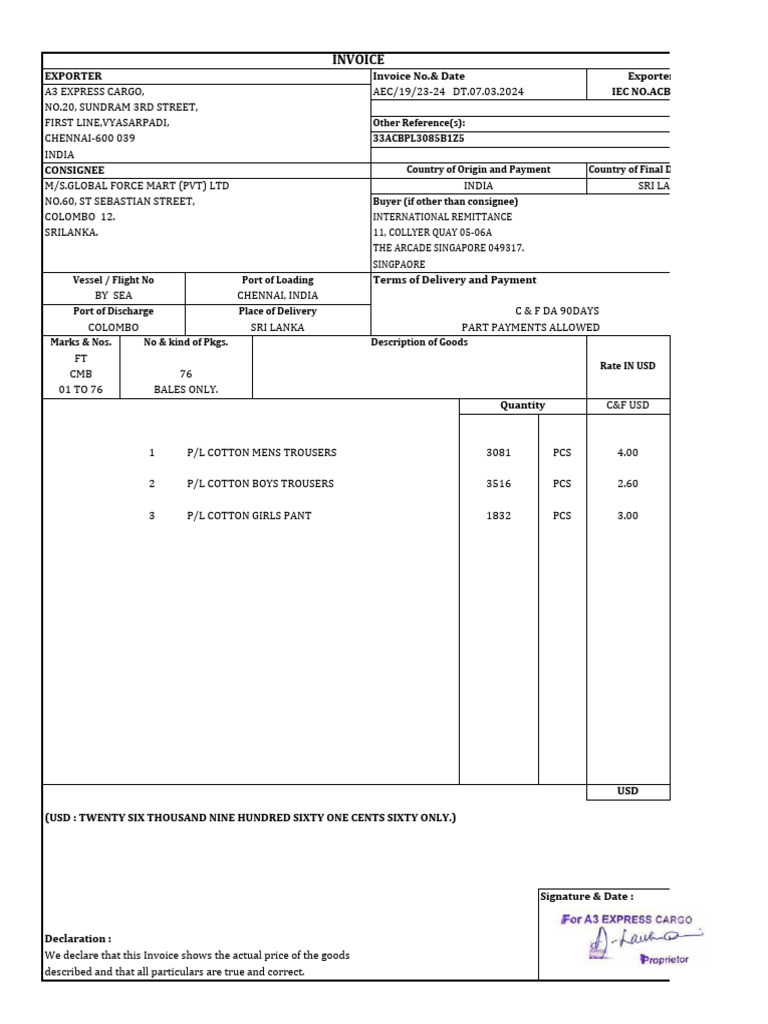 A3 Express Cargo Aec19 Invoice & Packing List (Amount Details) | PDF