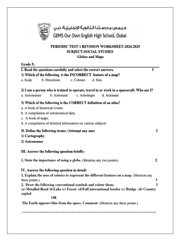 Grade 5 sst revision worksheet globes and maps 240604 082131 1