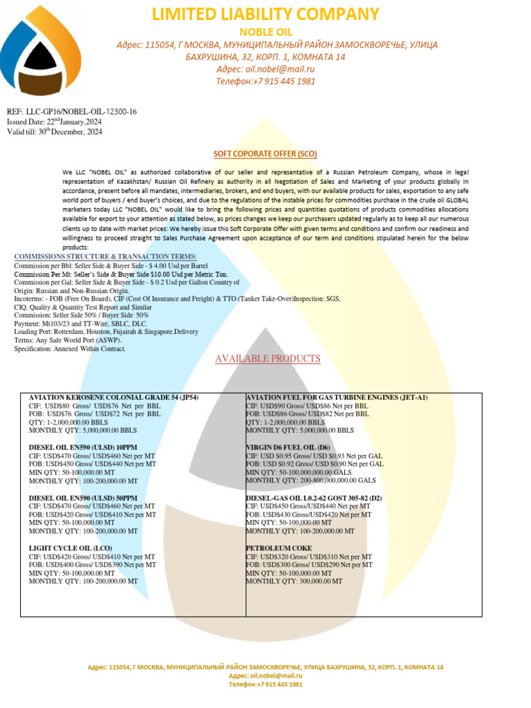 Soft Corporate Offer for Oil Products | PDF | Letter Of Credit | Receipt