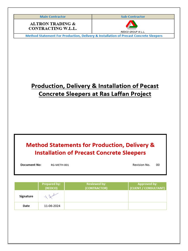 Method Statement for Precast Sleepers | PDF | Concrete | Precast Concrete