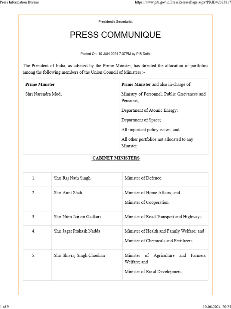 Modi 3.0 Council of Ministers | PDF | Government Of India